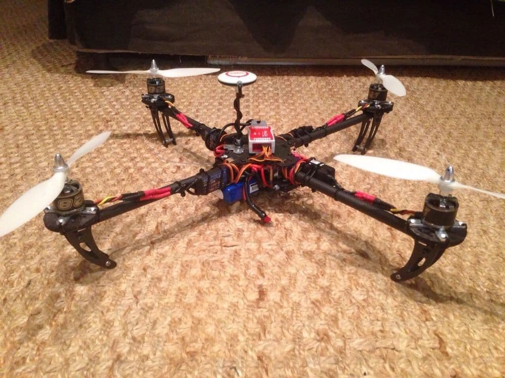 Custom-built hexacopter drone on the floor