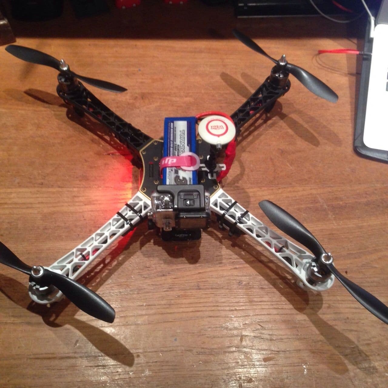 Drone close-up showing electronics and motors