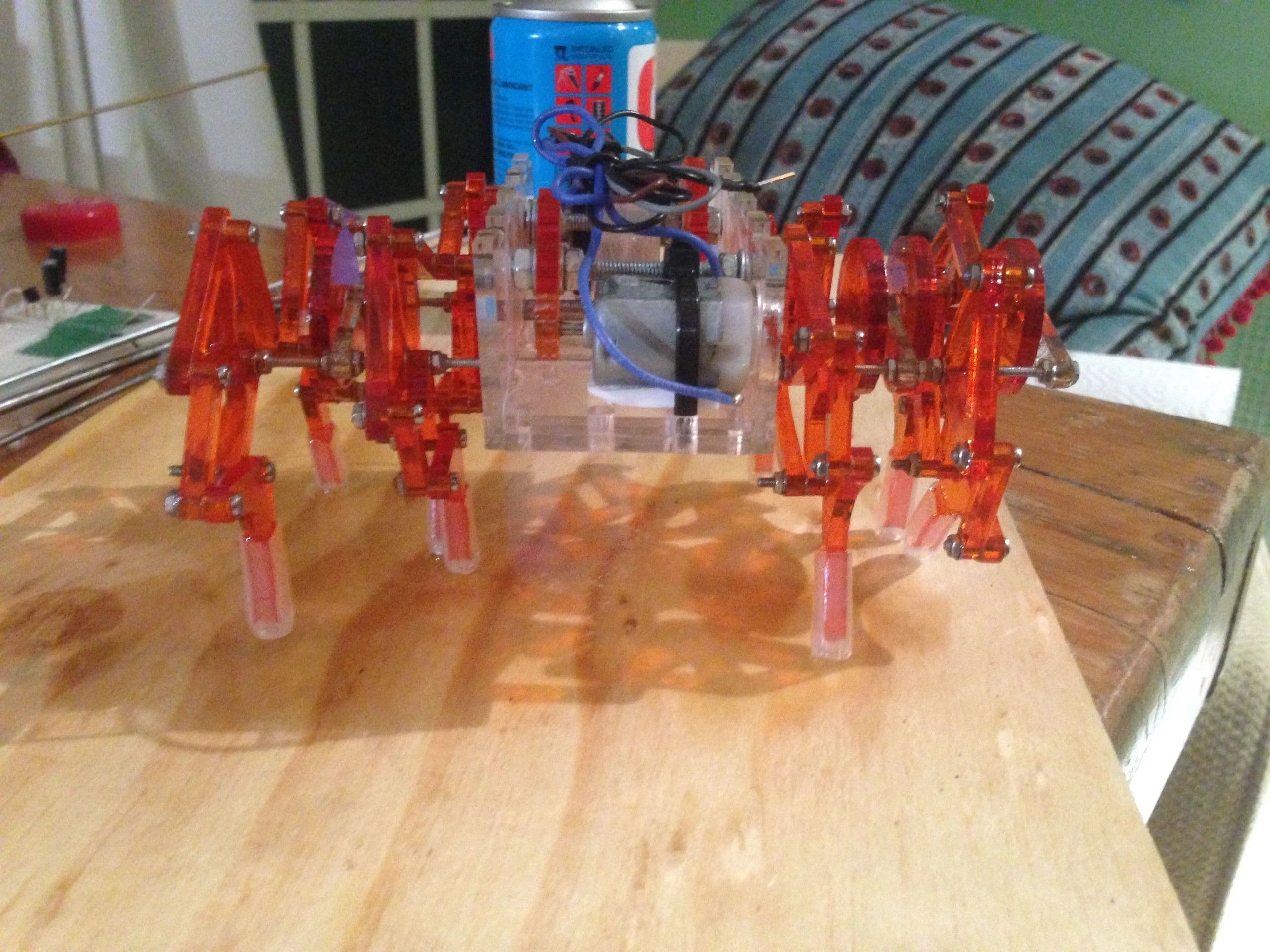 Hexapod walking robot on workbench